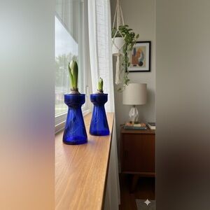 Vintage MCM Glass Hyacinth Vases - Cobalt Blue, Set of 2 - EEC Made